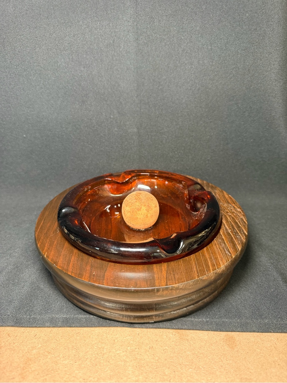 Vintage Pipe Ashtray Walnut with Cork Knocker and Amber Glass